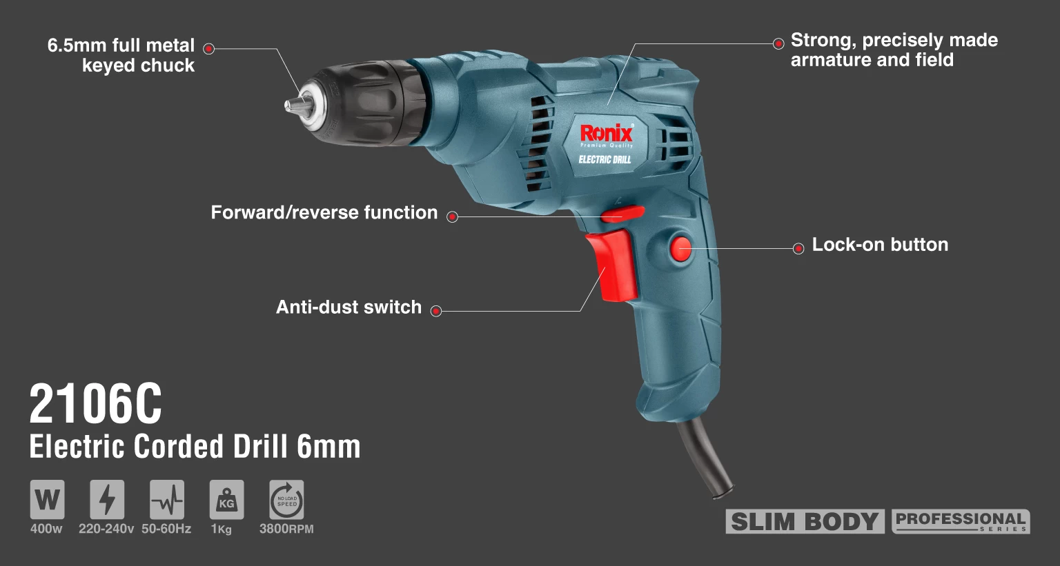 Electric Drill 400W-6.5mm-keyless-3800 RPM_details