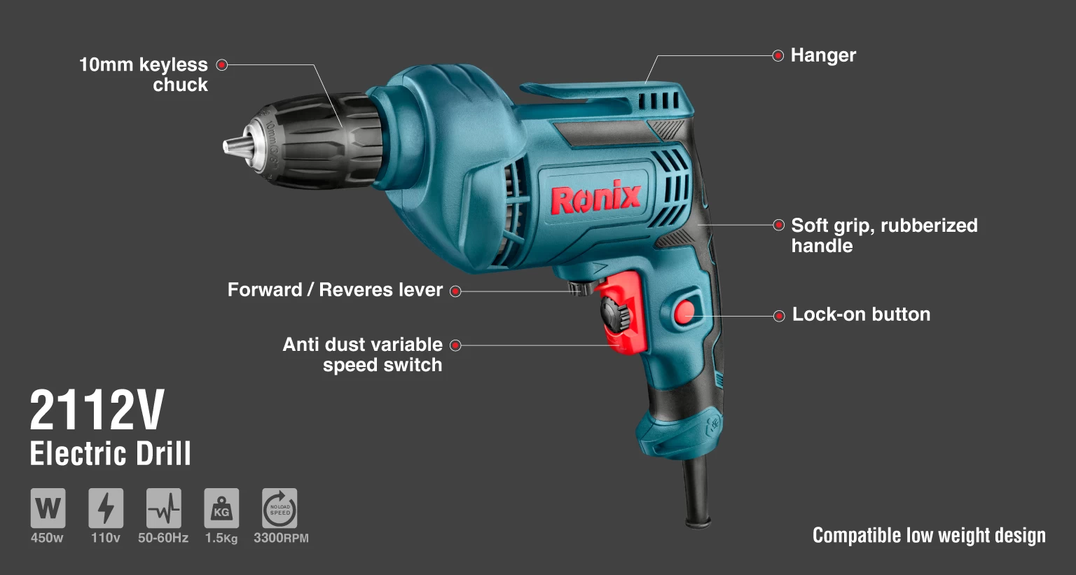 Electric Drill 450W-10mm-keyed-110V_details
