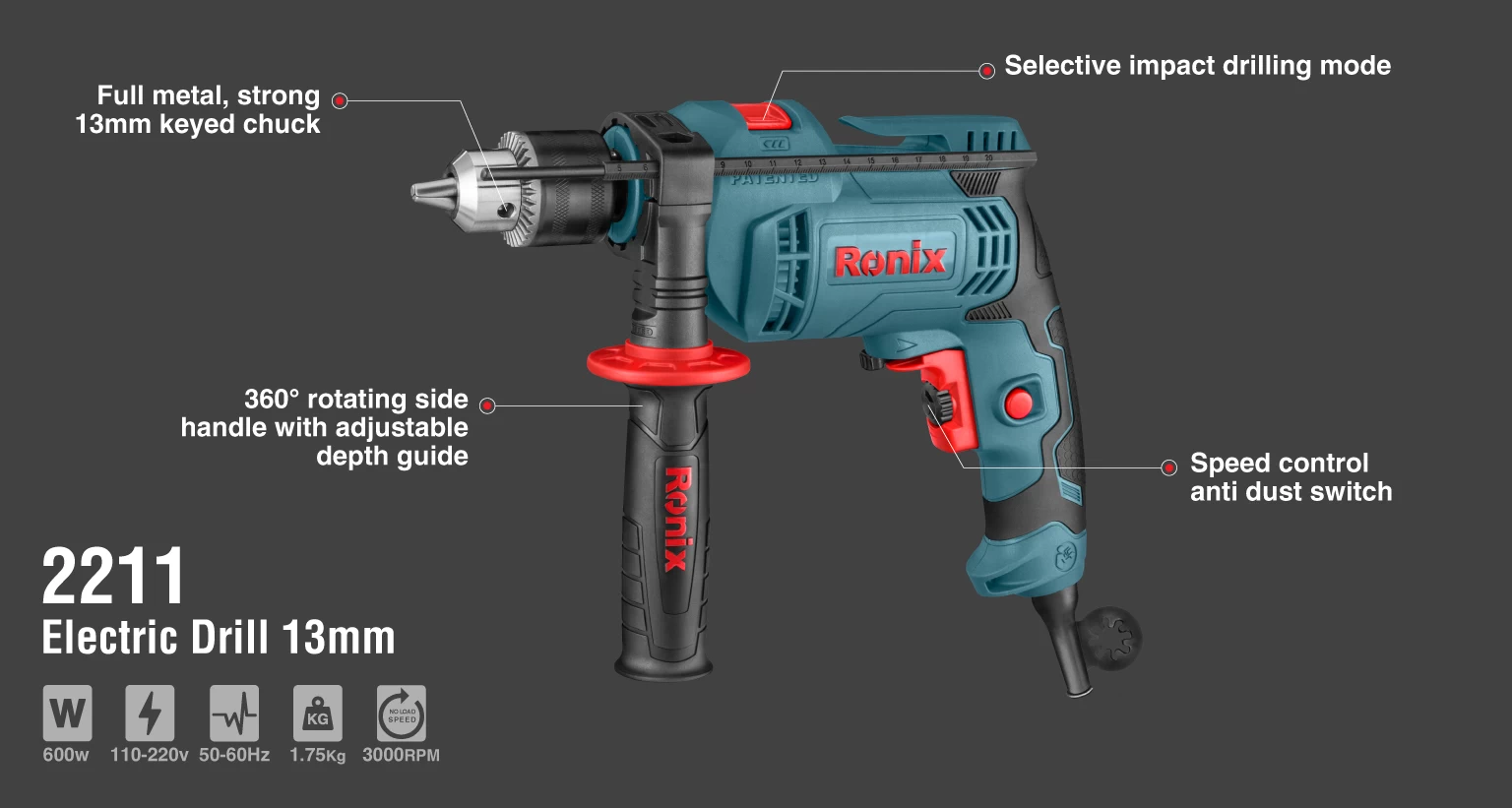 Electric Impact Drill-600W-13mm-Keyed-3000 RPM_details