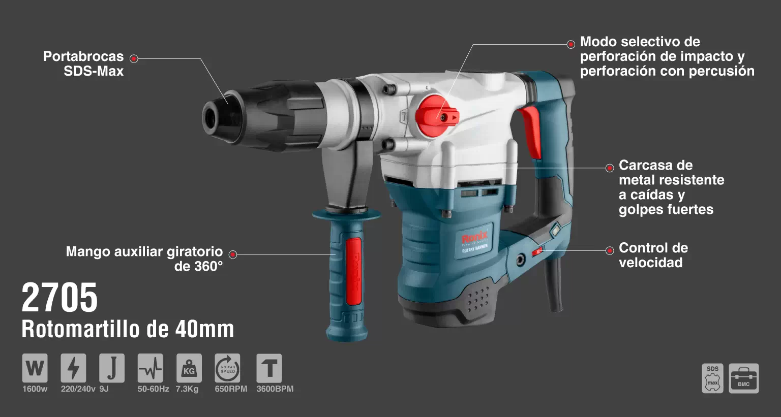 Elektro-Bohrhammer 40mm 1600W mit SDS-Max Schnellspannbohrfutter_details