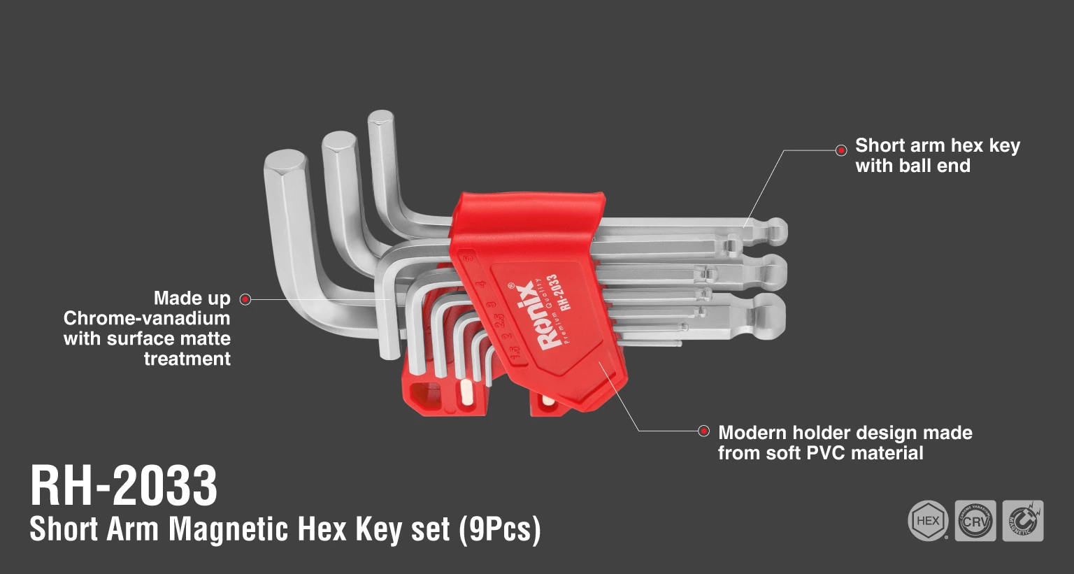 Short Arm Magnetic Hex Key set (9Pcs)_details