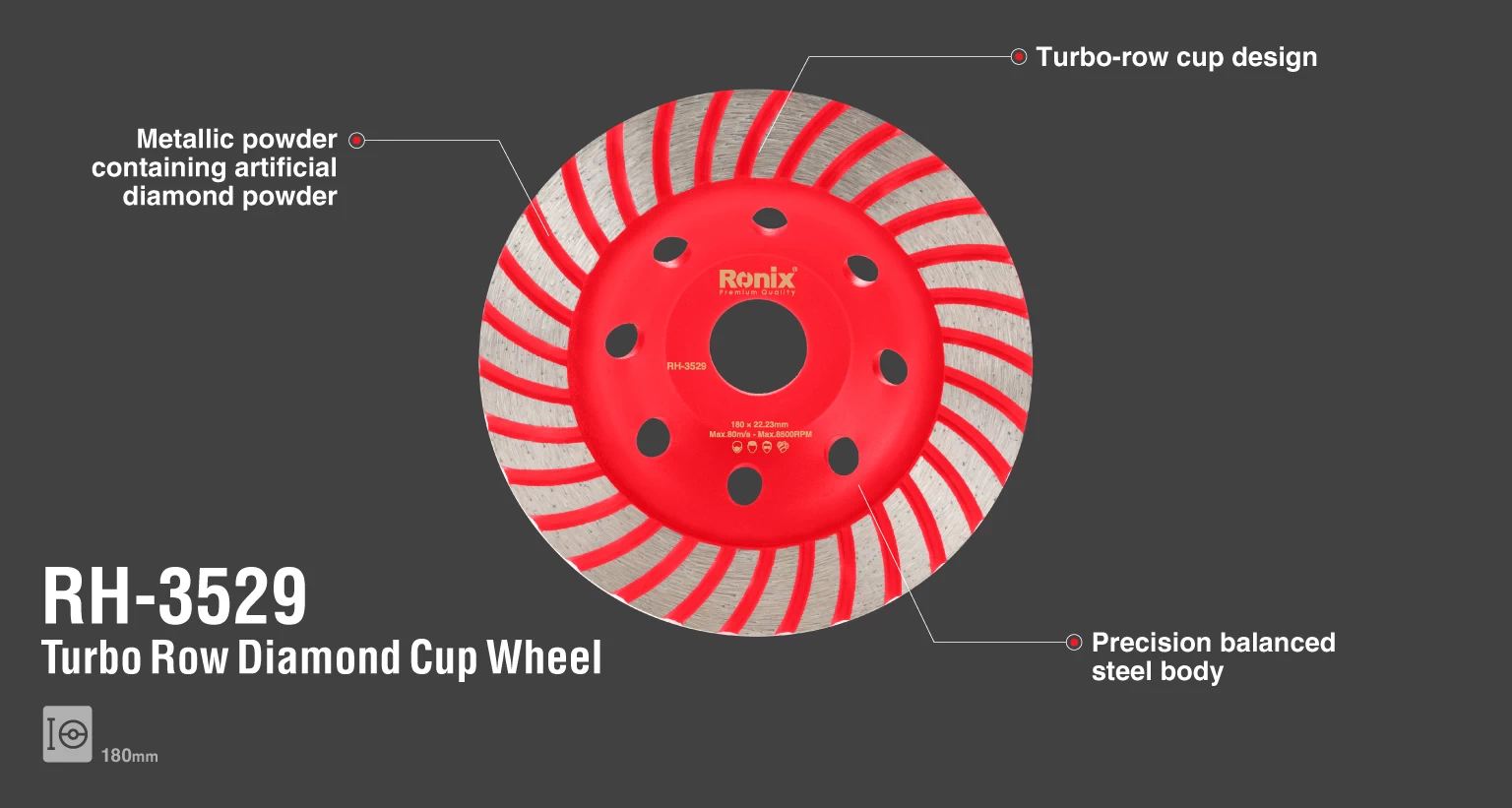 Turbo Diamond Cup Grinding Wheel 180x22.2mm_details