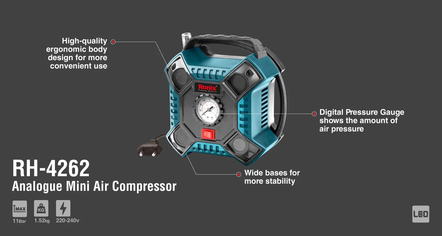 Analogue AC Mini Air Compressor 11Bar_details