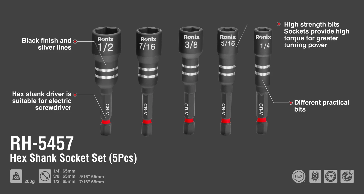 5Pcs Hex shank socket set_details